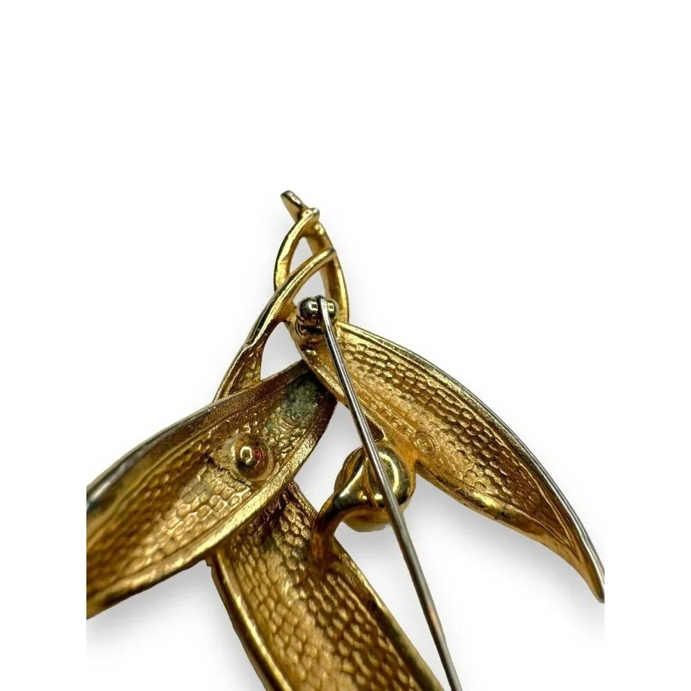 Vintage Boucher Gold Tone Leaf Brooch Faux Pearl Mid Century Modern 2.5
